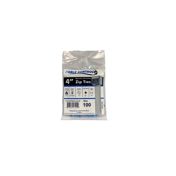 Kable Kontrol Kable Kontrol® Zip Ties - 4" Long - 100 Pc Pk - Blue color - Nylon - 18 Lbs Tensile Strength CT204CL-BLUE